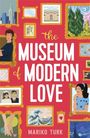 "The Museum of Modern Love" von Mariko Turk. Illustrationen von Gemälden und Personen in Bilderrahmen auf rotem Hintergrund.