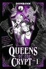 "Queens of the Crypt Vol. 1." Illustration: Zwei stilisierte Frauen vor einem Monster in lila Tönen, Treppe rechts.