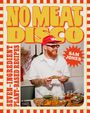 "NO MEAT DISCO" in großen Buchstaben, darunter "Sam Jones". Ein Mann in roter Mütze hält Maiskolben in einer Küche.