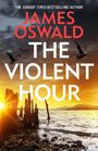 „JAMES OSWALD THE VIOLENT HOUR.“ Sonnenuntergang am Meer, silhouettierte Vögel und Holzpfähle im Vordergrund.