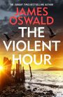 Text: „JAMES OSWALD THE VIOLENT HOUR“. Abendstimmung am Strand, angespültes Holz, fliegende Vögel, untergehende Sonne.