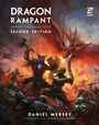 "DRAGON RAMPANT" in großer Schrift. Eine Fantasy-Kampfszene, wo ein Krieger gegen grüne Kreaturen kämpft, ein Drache dahinter.