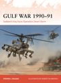 Text: "Gulf War 1990-91: Saddam's Iraq Faces Operation Desert Storm." Illustration zeigt Kampfhubschrauber in Wüstenlandschaft.
