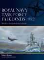 „ROYAL NAVY TASK FORCE FALKLANDS 1982“. Ein Kriegsschiff und ein Kampfjet in Aktion auf stürmischer See, Kompassmotiv.