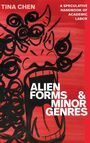 „Tina Chen“ und „Alien Forms & Minor Genres“. Illustration zeigt ein abstraktes, schwarz-rotes Gesicht auf rotem Hintergrund.