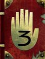 Goldene Hand mit schwarzer "3" auf rotem Hintergrund. Rustikale Metallbeschläge an den Ecken.