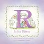 "R is for Risen" steht in großen Buchstaben. Illustration zeigt Jesus, zwei Kinder und ein Grab mit einem Stein.