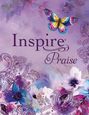 "Inspire Praise" in lila Schrift, Schmetterling, verspielte florale Muster auf lila Hintergrund.