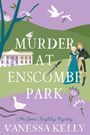 „Murder at Enscombe Park“, eine Illustration, zeigt ein Paar in eleganter Kleidung, Natur und eine stilisierte Villa.
