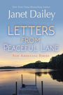Der Text zeigt den Titel "Letters from Peaceful Lane" von Janet Dailey. Im Hintergrund ein ruhiger See bei Sonnenuntergang.