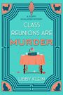 Text: "CLASS REUNIONS ARE MURDER" von Libby Klein. Ein Tisch mit Konfetti, Tischdecke, Buch und Dekoration, umrahmt von Katzenmotiven.