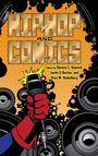 „HIP HOP AND COMICS“ in goldener Schrift, rote Hand hält Mikrofon, umgeben von Lautsprechern und gelbem Hintergrund.