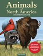 "Animals of North America Coloring Book" zeigt Bison, roten Kardinal und Waschbär, mit Text über ausmalbare Wildtiere.