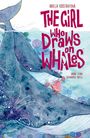 Text: "THE GIRL WHO DRAWS ON WHALES", "ARIELA KRISTANTINA", "SARAH STERN BERNARDO BRICE". Illustration eines Wals mit Mädchen.