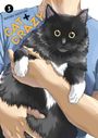 Oben steht "WATARU NADATANI CAT + CRAZY 3". Illustration: Eine Person hält eine schwarz-weiße, flauschige Katze.