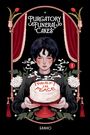"Purgatory Funeral Cakes", "Rest in Peace". Illustration: Person hält Torte mit Dampf und Blumen, umrahmt von roten Vorhängen.