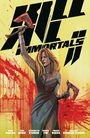 "Kill Immortals II" in fetter Schrift. Eine blutverschmierte Frau mit zwei Äxten auf gelbem Hintergrund.