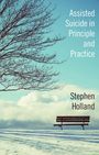 "Assisted Suicide in Principle and Practice" und "Stephen Holland". Eine schneebedeckte Bank unter einem kahlen Baum.