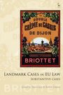 "Landmark Cases in EU Law substantive cases." Ein Etikett mit dem Text "Crème de Cassis de Dijon," Stadtansicht im Hintergrund.
