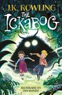 „J.K. Rowling“, „The Ickabog“, Illustration von Ben Mantle. Zwei Kinder rennen verängstigt im Wald, verfolgt von einem großen Monster.