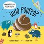 „Packed full of poop facts! WHO POOPED?“ Illustration: Tiere umgeben einen großen Haufen. Autorennamen: Claudia Boldt, Aidan Onn.