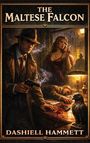 "The Maltese Falcon" von Dashiell Hammett. Noir-Illustration mit Detektiv, Frau und Falke in düsterer Szene.