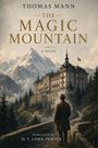 "THOMAS MANN, THE MAGIC MOUNTAIN, A NOVEL, TRANSLATED BY H. T. LOWE-PORTER." Illustration eines Mannes vor Hotel und Bergen.