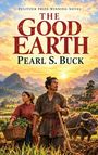 „Pulitzer Prize-Winning Novel The Good Earth, Pearl S. Buck“. Illustration von Bauer und Frau mit Büffel, Felder, Berge im Hintergrund.