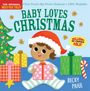 Text oben: "Baby Loves Christmas". Illustration: Baby mit Weihnachtsmütze, bunte Geschenke, Weihnachtsbaum.