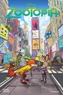 Titel „Disney Zootopia“. Illustration einer belebten Stadt mit tierischen Einwohnern und bunten Werbebannern.
