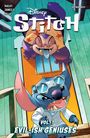 "Disney Stitch. Vol. 1: Evil-ish Geniuses." Comicstil, zwei Figuren, eine lila mit herausgestreckter Zunge und eine blaue mit Brille.