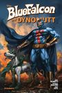 Titel: "The Blue Falcon and Dynomutt". Illustration zeigt einen muskulösen Helden im blauen Kostüm mit Hund in grünem Cape.