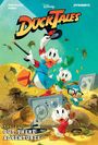 Oben steht "DuckTales". Unten: "Vol. 2: Out There Adventures". Figuren auf einem Geldhaufen, fröhlich und aktiv.