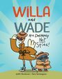"Willa and Wade Are Definitely Not Spies!" Zwei gezeichnete Vögel in Mänteln und Hut vor blauem, strahlendem Hintergrund.