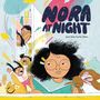 „NORA AT NIGHT“ und „April dela Noche Milne“. Ein Kind mit Brille liest im Bett; fröhliche Szene im Hintergrund.