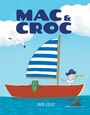 „MAC & CROC“ Text oben, „JAMI GIGOT“ Text unten. Illustration: Boot mit gestreiftem Segel, Kind mit Fernrohr, Krokodil.
