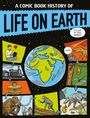 "A Comic Book History of Life on Earth" zeigt eine farbenfrohe Illustration der Evolution mit Erde und Tieren.