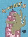 "FRED REX" in großen Buchstaben, ein Dinosaurier an einem Hochhaus, zwei Flugzeuge und kleine Menschen in den Fenstern.
