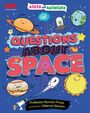 "Questions About Space" in großer, bunter Schrift mit Cartoon-Planeten, Sternen und einem UFO auf blauem Hintergrund.