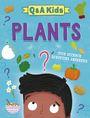 "Q & A Kids: Plants" in großen Buchstaben. Auf Kinderbuch-Cover, Illustration mit fragendem Kind und Pflanzenbildern.