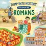 Text: "Jump into History. Discover the Romans." Illustration zeigt römische Szenen mit Figuren und architektonischen Details.