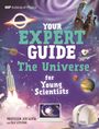 „Your Expert Guide: The Universe for Young Scientists.“ Illustration mit Weltraummotiven: Rakete, Planeten, Teleskop.