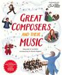 "Great Composers and Their Music" in roter Schrift. Illustrationen von Komponisten und Musikern umgeben von Noten.