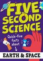 "Five Second Science: Quick-fire facts about Earth & Space." Illustration mit Planeten, Sanduhr, Satellit und einer großen Hand.