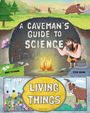 "A Caveman's Guide to Science" und "Living Things". Illustration eines Höhlenmenschen, Feuer, Mammut und Natur.