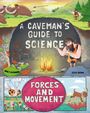 "A Caveman's Guide to Science" und "Forces and Movement". Comicstil mit Steinzeitmenschen, Mammuts und Feuerstelle.