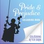 Text: "Pride & Prejudice Colouring Book. Colouring After Dark." Silhouette eines Mädchens auf einer Schaukel gegen blauen Hintergrund.