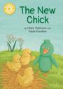 "The New Chick" von Hilary Robinson und Edyta Karaban. Illustration: Drei gelbe Küken und ein grüner Vogel auf Gras.