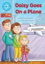 Text: "Daisy Goes On a Plane" von Sheryl Webster und Hannah Wood. Illustration einer Familie am Flughafen, Kind mit Spielzeug.