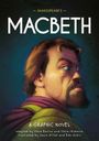 "Macbeth" in großen Buchstaben, darüber "Shakespeare's". Illustration eines Mannes, ernst, blickt über die Schulter.